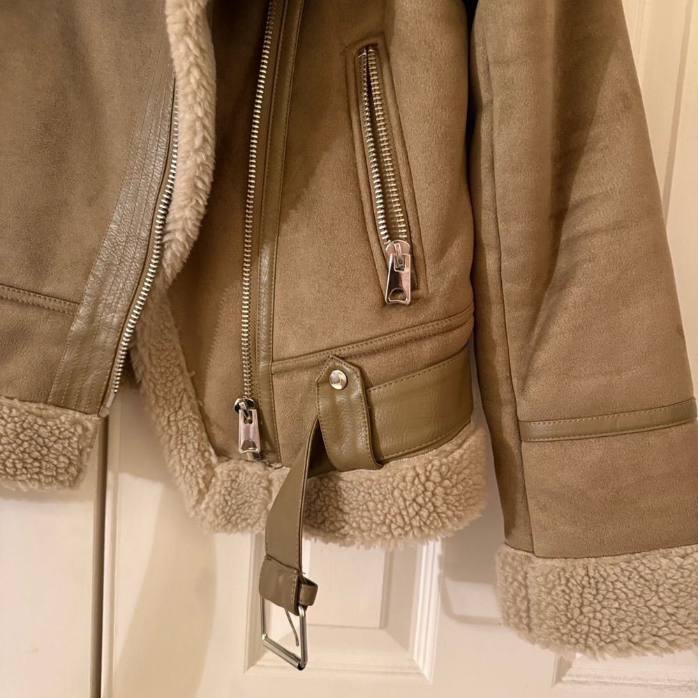 Zara Beige Shearling Sherpa Lined Faux Suede Jacket - Picture 9 of 10